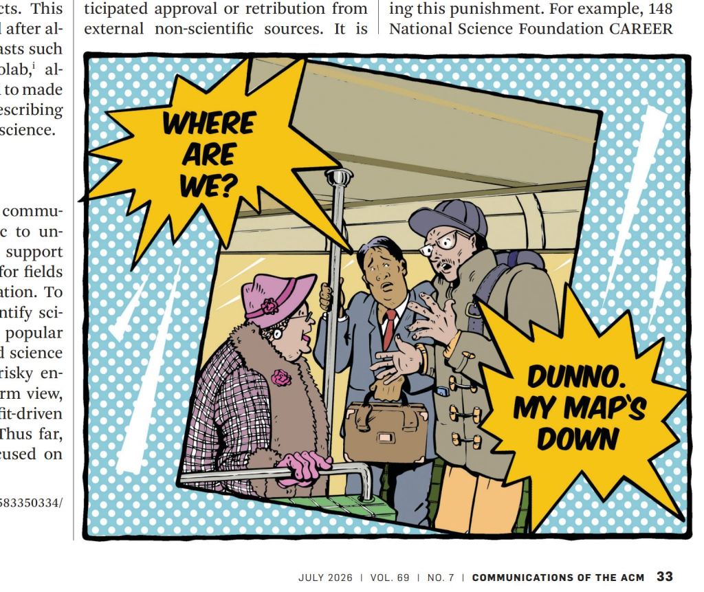 A screenshot of a journal article with a cartoon style image of people on a subway. Text reads "Where are we?" "Dunno, my map's down" and the bottom of the image says Communications of the ACM. 