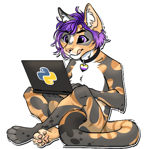 A cartoon drawing of a cat fursona types at a laptop. 