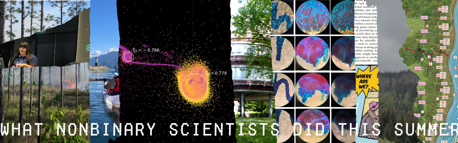 A collage of images of scientific activity like a lecture, photos of trees and a university, a kayak, and details from scientific figures.