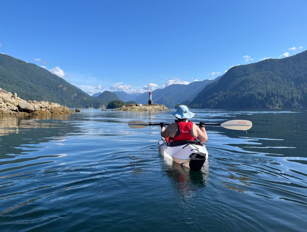 A kayaker floats in a river between two mountains. 
